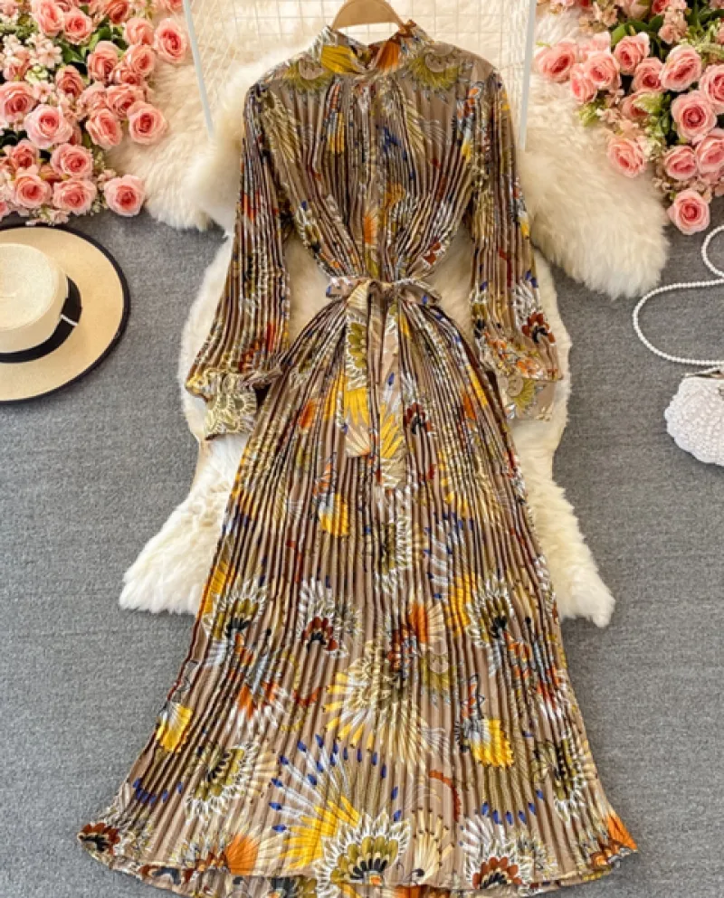 2022 Estate Nuova Vacanza Al Mare Elegante Stand Up Collare Vita Alta Sottile Moda Floreale Pieghettato Abbigliamento Donna Vint